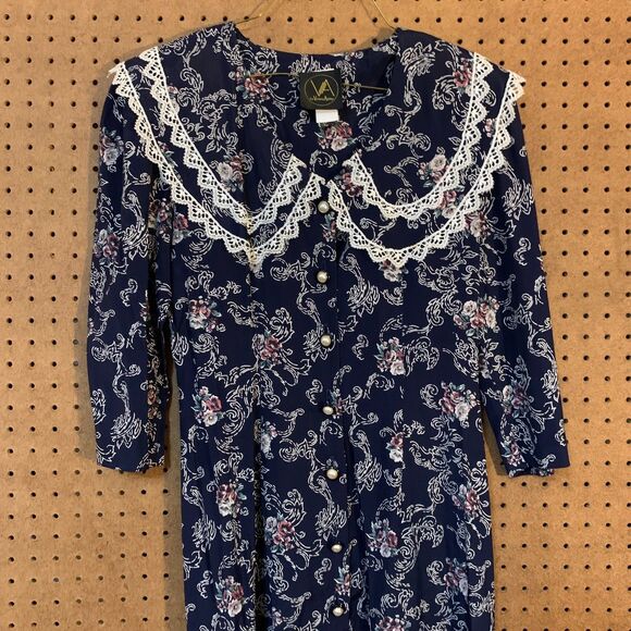 Vintage Dress 80s Victoria Ashley Lace Collar Button Front Floral Drop Waist - Picture 1 of 11